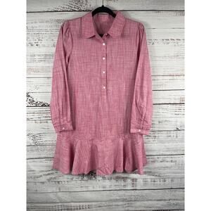 New Collection Womens Small Pink Linen Cotton Ruffle Hem Long Sleeve Casual Boho